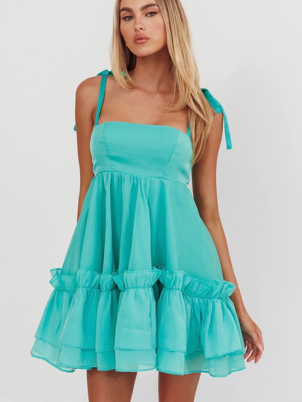 Selfie Leslie Green Chiffon Tie-Strap Ruffle Mini Dress